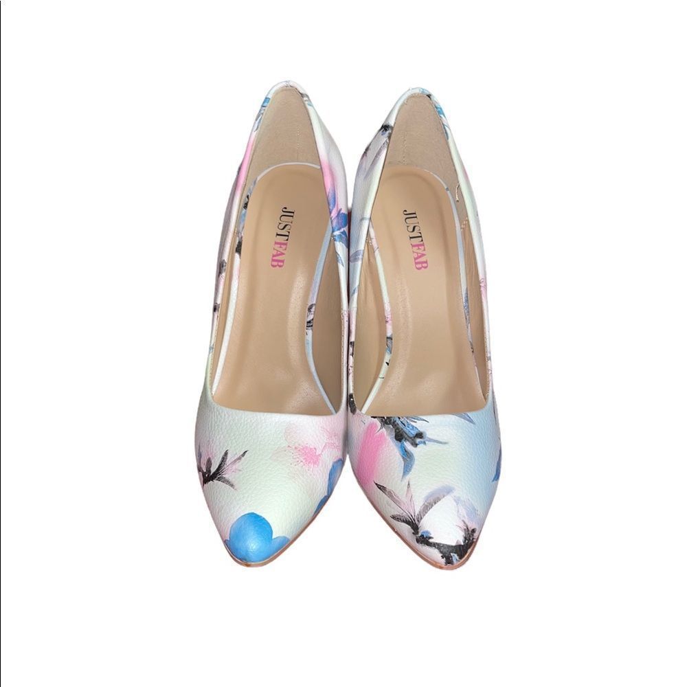 𝅺justfab Mickey heels with floral watercolor print design on white background - Picture 2 of 11
